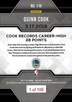 2017-18 Panini Instant NBA #116 Quinn Cook Back