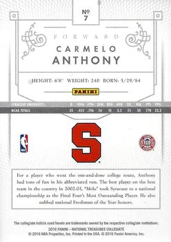 2016 Panini National Treasures Collegiate - Silver #7 Carmelo Anthony Back