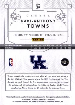 2016 Panini National Treasures Collegiate - Silver #29 Karl-Anthony Towns Back