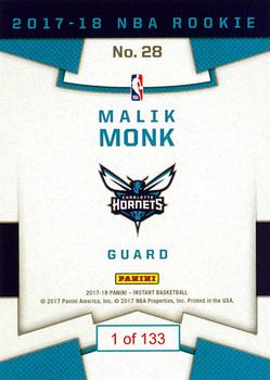 2017-18 Panini Instant NBA - RPS First Look #28 Malik Monk Back
