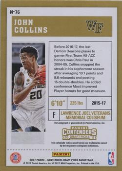 2017 Panini Contenders Draft Picks - College Ticket Variation #76 John Collins Back