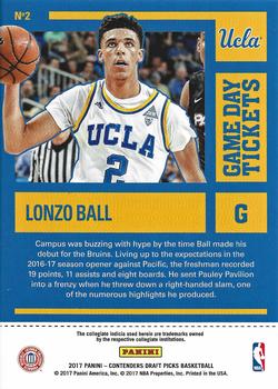 2017 Panini Contenders Draft Picks - Game Day Tickets #2 Lonzo Ball Back