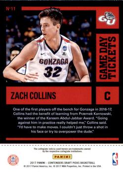 2017 Panini Contenders Draft Picks - Game Day Tickets #11 Zach Collins Back