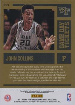 2017 Panini Contenders Draft Picks - Game Day Tickets #21 John Collins Back