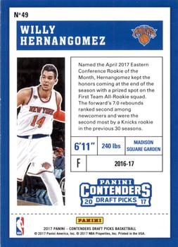 2017 Panini Contenders Draft Picks - Draft Ticket #49 Willy Hernangomez Back