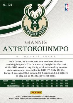 2016-17 Panini Immaculate Collection #34 Giannis Antetokounmpo Back