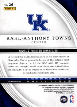 2016-17 Panini Immaculate Collection Collegiate - Blue #26 Karl-Anthony Towns Back