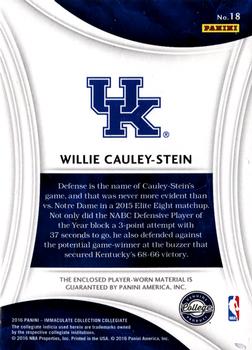 2016-17 Panini Immaculate Collection Collegiate - Numbers Memorabilia #18 Willie Cauley-Stein Back