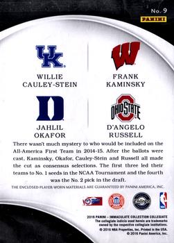 2016-17 Panini Immaculate Collection Collegiate - Quad Materials #9 Willie Cauley-Stein / Frank Kaminsky / Jahlil Okafor / D'Angelo Russell Back