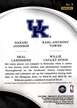 2016-17 Panini Immaculate Collection Collegiate - Quad Materials Prime #5 Dakari Johnson / Karl-Anthony Towns / Skal Labissiere / Willie Cauley-Stein Back