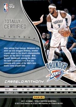 2017-18 Panini Totally Certified #92 Carmelo Anthony Back