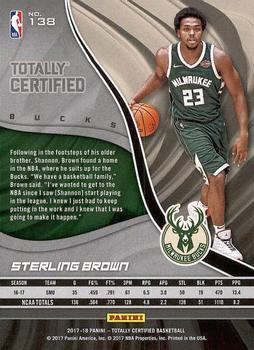 2017-18 Panini Totally Certified #138 Sterling Brown Back