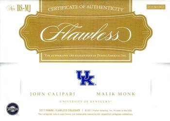 2017 Panini Flawless Collegiate - Flawless Dual Signatures Gold #DS-MJ John Calipari / Malik Monk Back