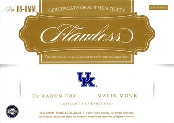 2017 Panini Flawless Collegiate - Flawless Dual Signatures Emerald #DS-DMM Malik Monk / De'Aaron Fox Back