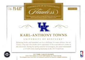 2017 Panini Flawless Collegiate - Patch Autographs Sapphire #PA-KAT Karl-Anthony Towns Back
