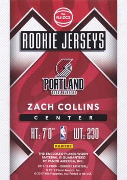 2017-18 Donruss - Rookie Jerseys #RJ-ZC2 Zach Collins Back