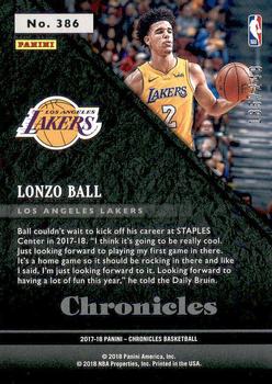 2017-18 Panini Chronicles #386 Lonzo Ball Back