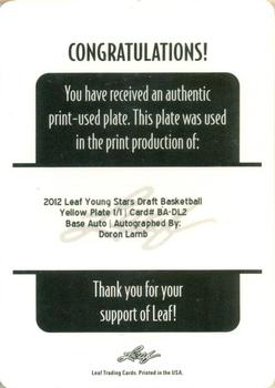 2012-13 Leaf Retail - Printing Plates Yellow #BA-DL2 Doron Lamb Back