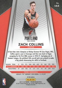 2017-18 Panini Prizm - Prizms Red White and Blue #144 Zach Collins Back
