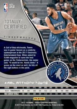 2017-18 Panini Totally Certified - Blue #32 Karl-Anthony Towns Back