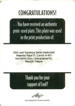 2012-13 Leaf Signature Series - Inscriptions Printing Plates Magenta #BA-MT1 Marquis Teague Back