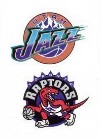 1996-97 Collector's Choice Italian Stickers #76 / 139 Utah Jazz Logo / Toronto Raptors Logo Front