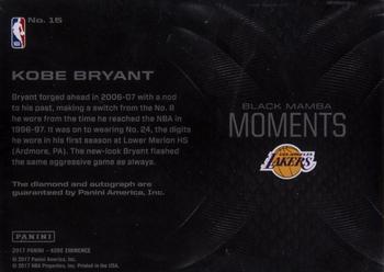 2017-18 Panini Kobe Eminence - Black Mamba Moments Diamond Autographs #15 Kobe Bryant Back