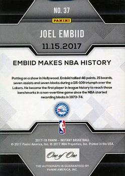 2017-18 Panini Instant NBA - Autographs Black #37 Joel Embiid Back