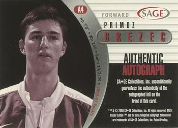 2000 SAGE - Autographs #A4 Primoz Brezec Back