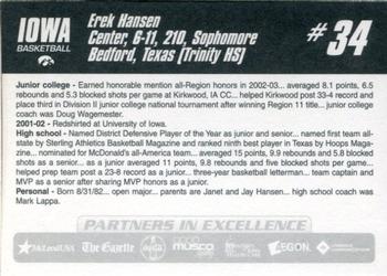 2003-04 Iowa Hawkeyes #NNO Erek Hansen Back