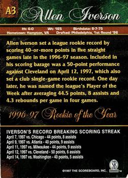 1997 Score Board Rookies - Allen Iverson Rookie of the Year #A3 Allen Iverson Back