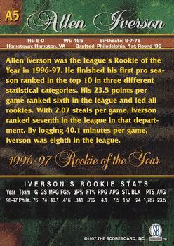 1997 Score Board Rookies - Allen Iverson Rookie of the Year #A5 Allen Iverson Back