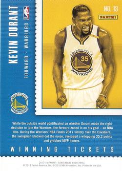 2017-18 Panini Contenders - Winning Tickets #13 Kevin Durant Back