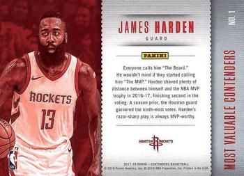 2017-18 Panini Contenders - Most Valuable Contenders #1 James Harden Back