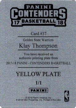 2017-18 Panini Contenders - Season Ticket Printing Plate Yellow #37 Klay Thompson Back