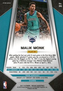 2017-18 Panini Mosaic #36 Malik Monk Back