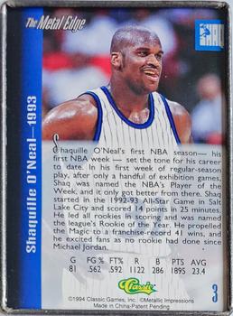 1994 Classic The Metal Edge Shaquille O'Neal #3 Shaquille O'Neal Back