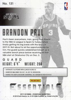 2017-18 Panini Essentials #131 Brandon Paul Back