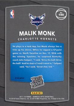 2017-18 Donruss Optic - Blue Velocity #190 Malik Monk Back