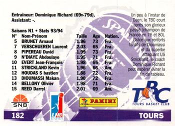 1994-95 Panini LNB (France) #182 Tours (Roster) Back
