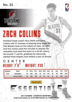 2017-18 Panini Essentials - Retail #23 Zach Collins Back