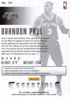 2017-18 Panini Essentials - Green #131 Brandon Paul Back
