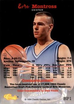 1994 Classic Draft - Basketball Previews #BP1 Eric Montross Back