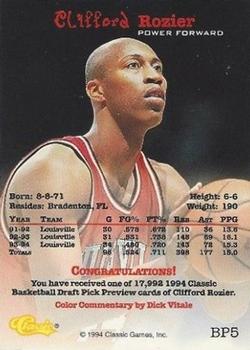 1994 Classic Draft - Basketball Previews #BP5 Clifford Rozier Back