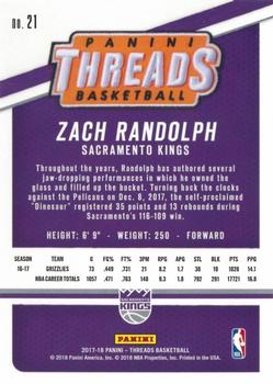 2017-18 Panini Threads #21 Zach Randolph Back