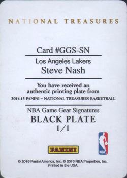 2014-15 Panini National Treasures - NBA Game Gear Signatures Printing Plates Black #GGS-SN Steve Nash Back