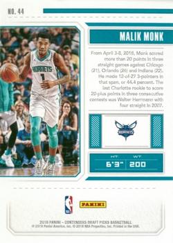 2018 Panini Contenders Draft Picks #44 Malik Monk Back