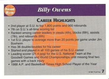 1991 Front Row Billy Owens #7 Billy Owens Back
