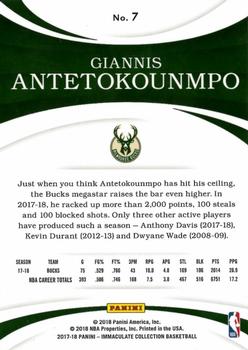 2017-18 Panini Immaculate Collection #7 Giannis Antetokounmpo Back