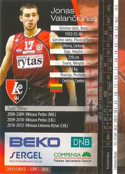 2011-12 Sereal Beko Lithuania Basketball League (LKL) #LRY-003 Jonas Valanciunas Back